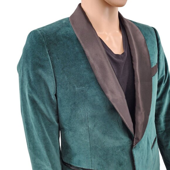 Indochino Mens Velvet Tuxedo Jacket Green & Black Cotton Blend 40S